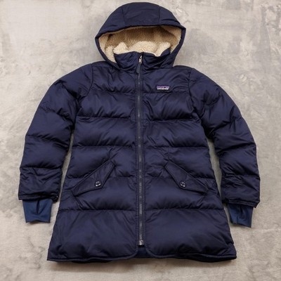 Patagonia Jacket Girls Down Parka Small Navy Blue Hooded Duck