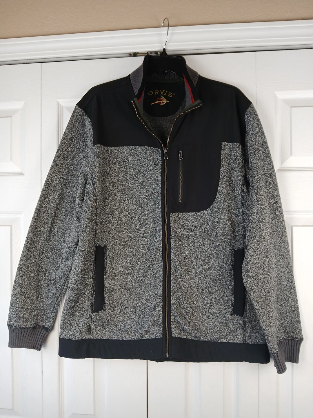 Orvis Sweater Jacket Black/Grey Fleece Full Zip Jacket Men’s Size L Zip Pocket