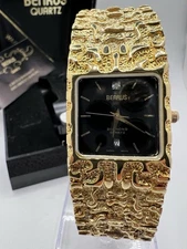 Vintage New Old Stock Benrus Gold Tone Melted Nugget Diamond Quartz