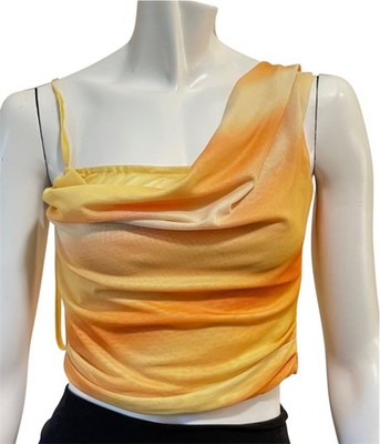Micas Orange Ombre Mesh Cold Shoulder Tank Top Ruched Asymmetrical NWT Small