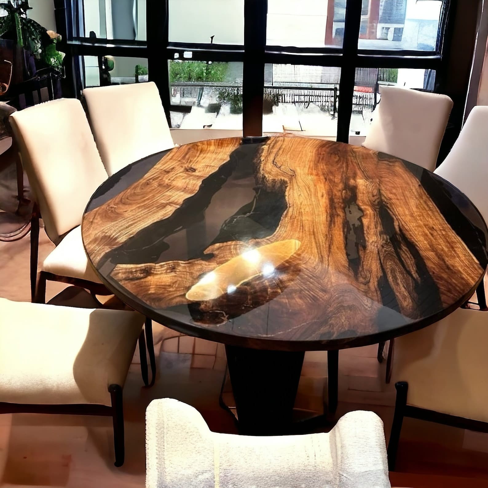 Round Black Epoxy Coffee End Table River Counter Desk Custom Modern Furniture-image