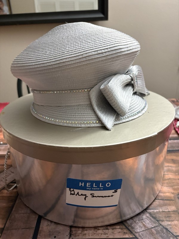 Brenda Wates Bolling Silver Straw Cloche Hat Bow Rhinestone Trim Women Formal