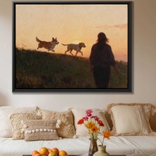 Corgi Labrador Retriever Dog Canvas Print Oil Painting Sunset Wall Art Decor