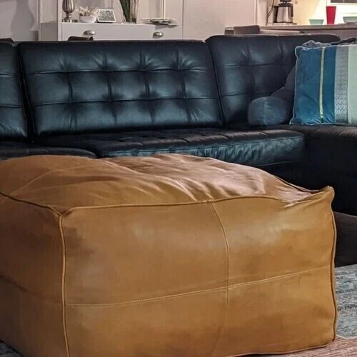 Moroccan Footstool Boho Brown Vintage Leather Pouffe For Cozy Home Decor - Image 3 of 4