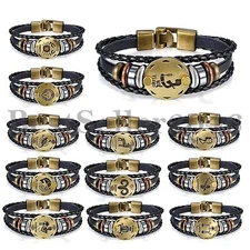 Handmade 12 Constellation Zodiac Charm Leather Bracelet Men Women Unisex Bangle