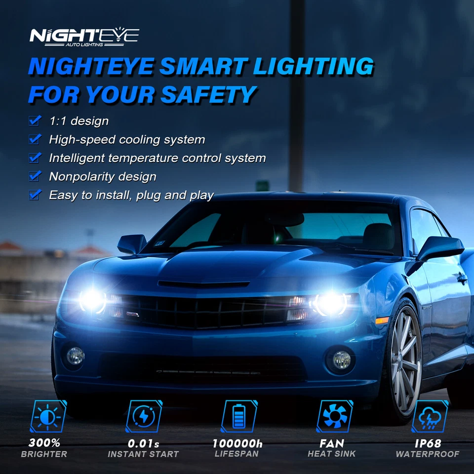 NIGHTEYE 9000LM H1 LED Headlight Bulbs Car High Low Beam 72W 6500K Cold White UK - Image 3 of 4