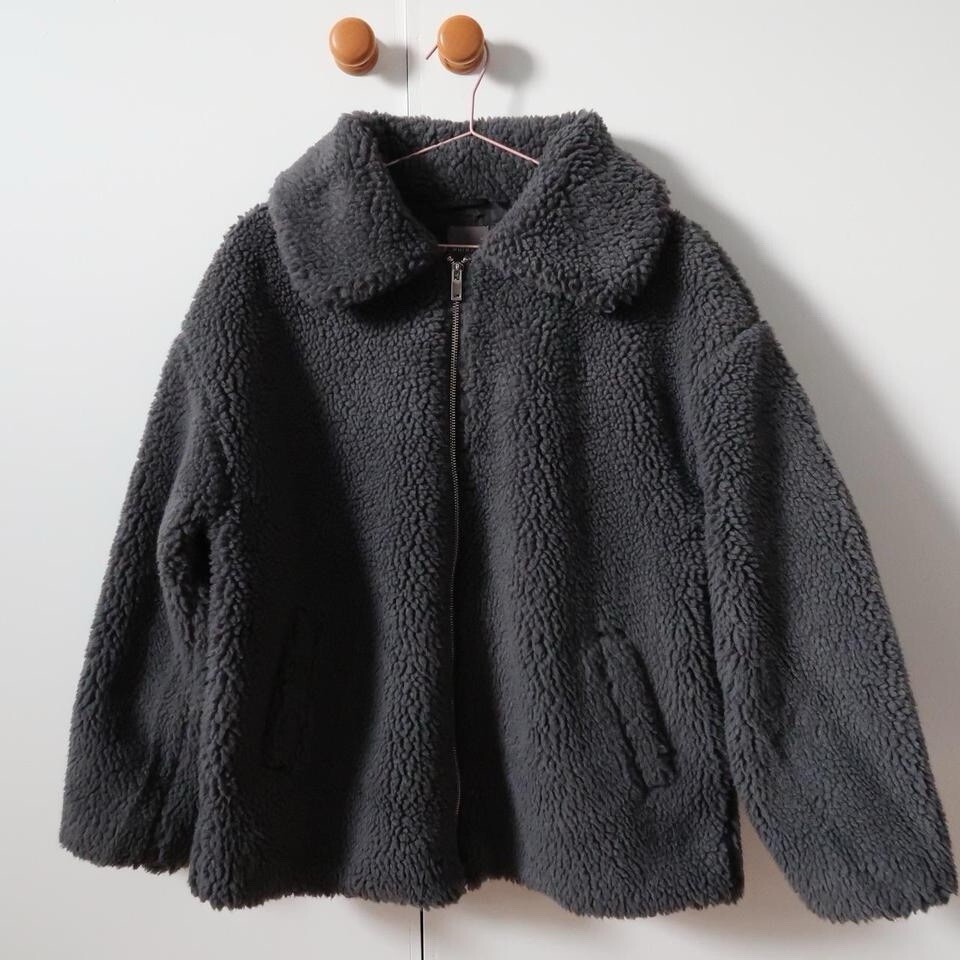 Primark dark grey teddy coat zip up fleece jacket with collar