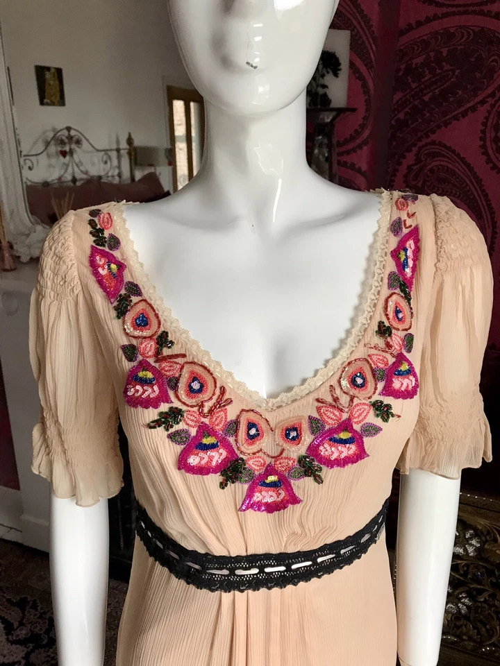 John Galliano Nude Silk Midi Dress Multicoloured Embroidery & Beadwork Size S — 第 2/4 张图片