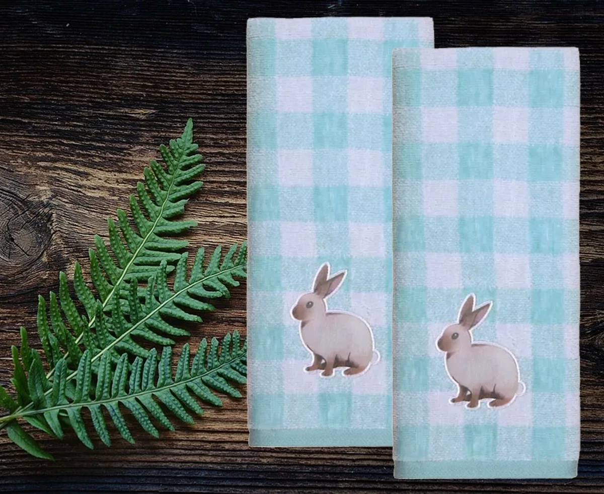 Bunny Bath Hand Towels, Set of 2, Blue White Buffalo Plaid Appliqued Rabbit