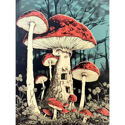 Pilz Feenhaus Pastell Rot Blau Grün Magischer Wald Kunst Leinwanddruck 18X24