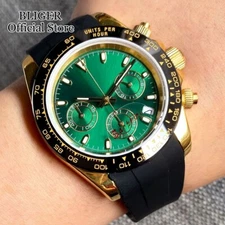 Luxury 39mm VK63 Quartz Chronograph Green Mens Watch Sapphire Glass Rubber Strap