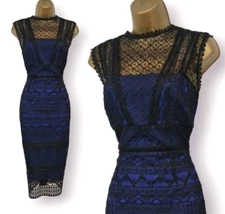 Karen Millen Blue Black Lace Overlay Pencil Occasion Dress UK 14 RRP £215