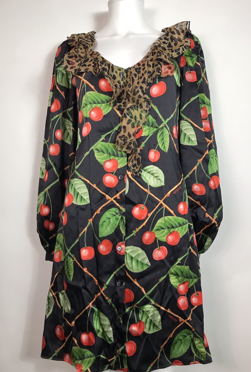 Vtg Galliano by John Galliano Black Cherry Print Silk Dress