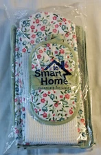 Smart Home Essentials for Living 7 Pc Gift Set Green Floral Pot Holder & Towels