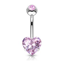 Heart Surgical Steel Prong Belly Button Ring Navel Naval Set Pink