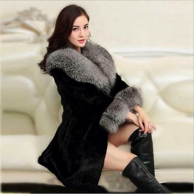 Women Faux Fur Coat Big Fur Collar Ruffles Dress Winter Warm