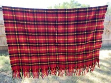 Vintage Tartan Plaid Blanket Fringe Trim Soft Red Cabin Stadium 52x82 Wool Blend