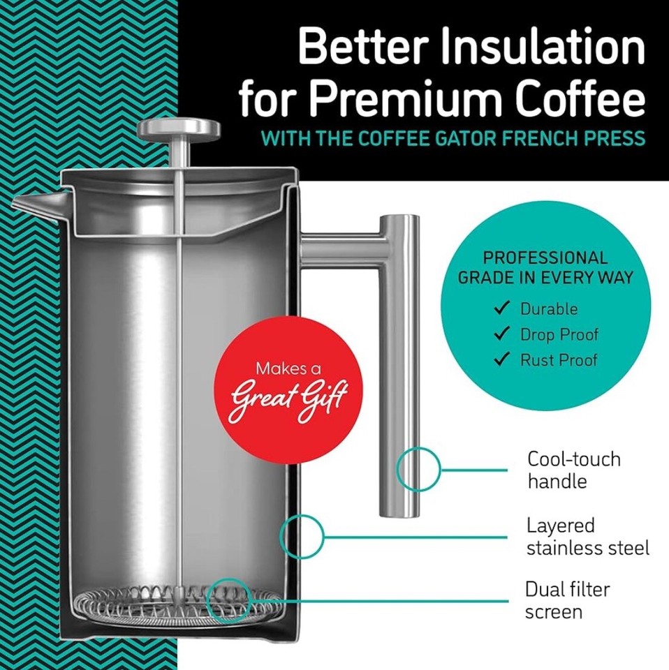 Coffee Gator French Press Maker Insulated Stainless Steel Manual Dark