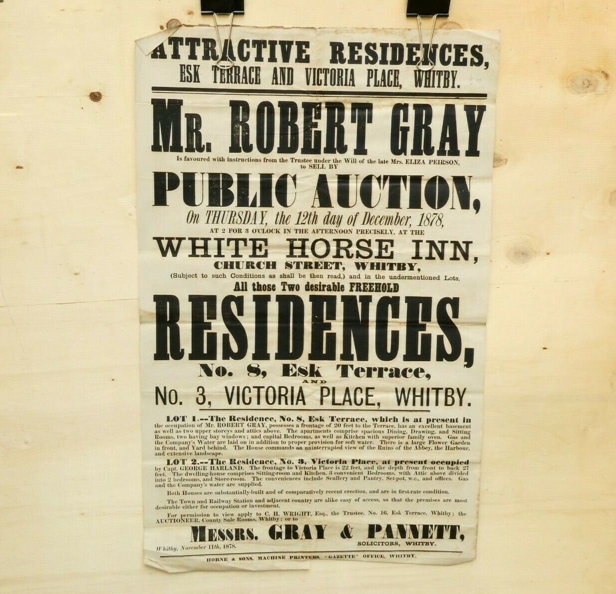 1878 Whitby Auction Poster ESK TERRACE & VICTORIA PLACE Properties