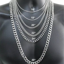 17-30'' MENS Stainless Steel 3.5/5/7mm Silver Tone Cuban Curb Chain Necklace