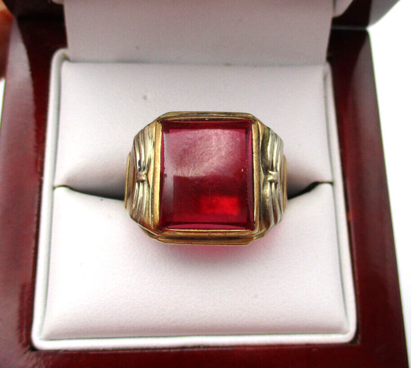 Art Deco 10K Yellow Gold Ruby Solitaire Men's Ring SIze 9.5 [R240]