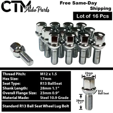 16x Chrome 12x1.5 Ball Seat Wheel Lug Bolts 28mm Shank Fit Audi Volkswagen Smart