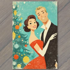 POSTCARD Retro Couple Christmas Tree Red Dress Holiday Midcentury Charm Romance