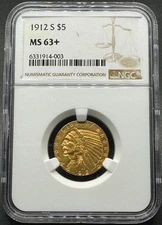1912-S $5 INDIAN HEAD GOLD HALF EAGLE NGC MS63+ 12XXXA25