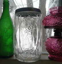 1920s SNEATH SUFFRAGE GLASS HOOSIER COFFEE JAR WITH LID WOMAN WITH ROLLING PIN