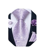 Mens Tie and Lapel Pin Set Silk Plaid Solid Paisley Necktie  Lilac Paisley