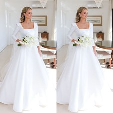 Romantic Wedding Dresses Satin 3/4 Sleeves Square Neck A Line Bridal Gowns