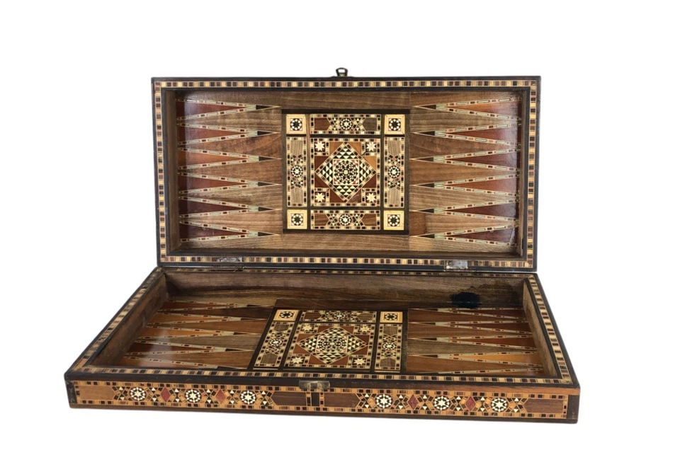 Vintage Mosaic Wood Inlaid Marquetry Backgammon Box ~20 x 10" - Image 2 of 4