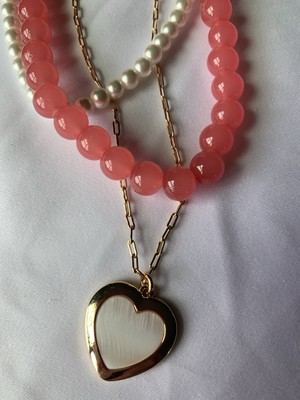 New Laundry By Shelli Segal 3 Strand Paperclip Beads & Pearls HearCharm Necklace