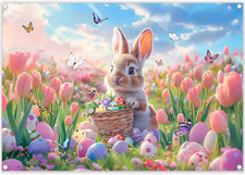 7X5Ft Spring Easter Backdrop Bokeh Garden Bunny Colorful Eggs Floral Butterfly P