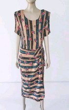 Vintage Sunshine Starshine Faux Wrap Midi Dress Womens 16 M Floral Stripe Tan