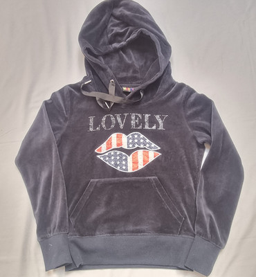 Y2K Mercy Velour Hoodie - ''LOVELY'' Rhinestone Graphic - American Flag Lips - M
