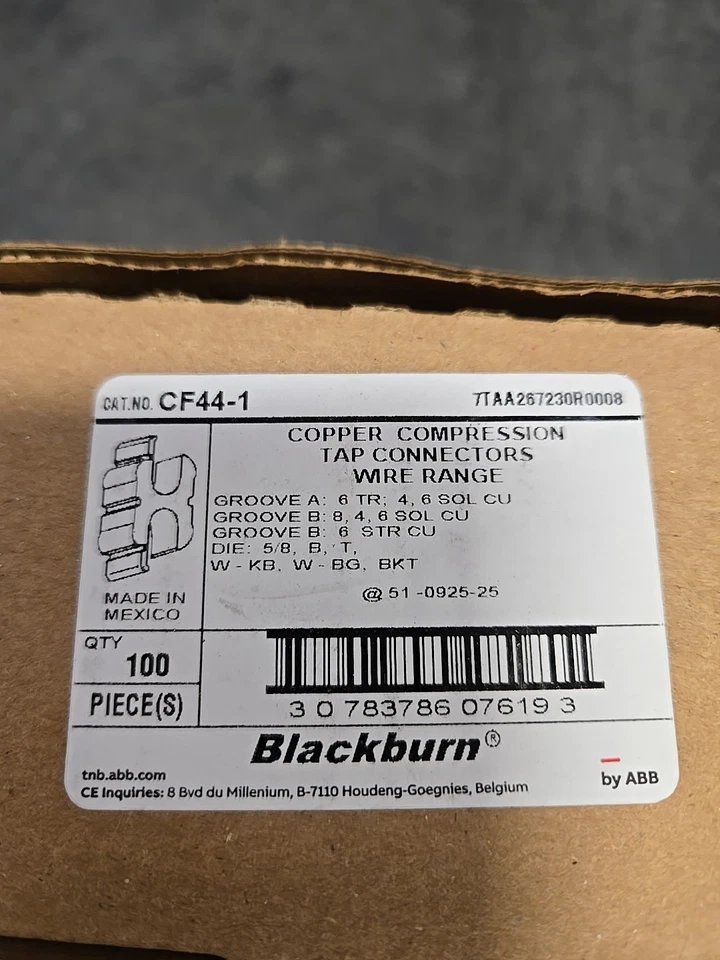 New Blackburn CF44-1 Copper Compression Tap 6 to 4 Awg Connectors QTY=100 - Image 3 of 4