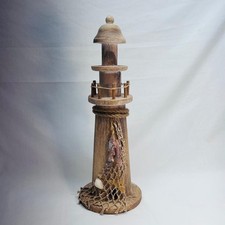 Hand Turned Wooden Lighthouse Shells Fish Net Nautical Fish 4 1/2"Diax13"H READ 