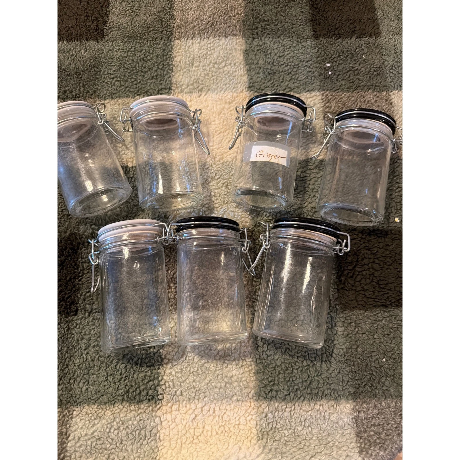 Set of 7 Glass Spice Jars Airtight Flip Top Bail Lid Clear vintage 3.25