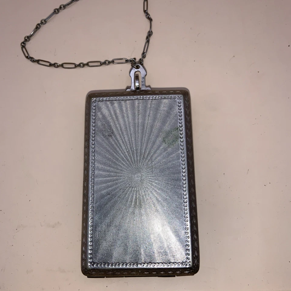 Antique Silvertone Dance Purse w/ Mirror Coin Slots Wrist Chain Sunburst Pattern - Image 2 of 4