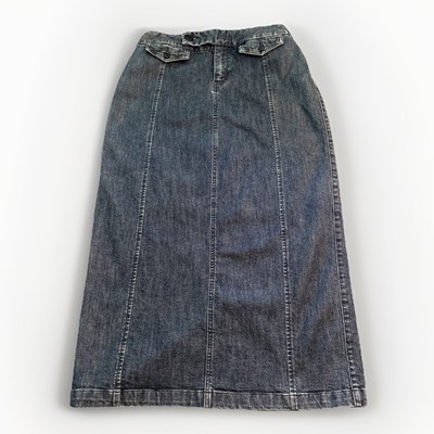 Y2K Long Panel Blue Jean Skirt Eddie Bauer A Line Flap Pockets Stretch 8