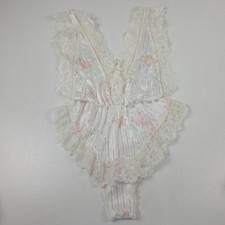 VTG Floral Satin Lace Bodysuit Womens Medium White Ruffle Pleated Lingerie