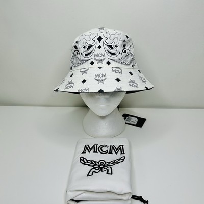 MCM White Visetos Monogram Bandana Print Logo Reversible Bucket