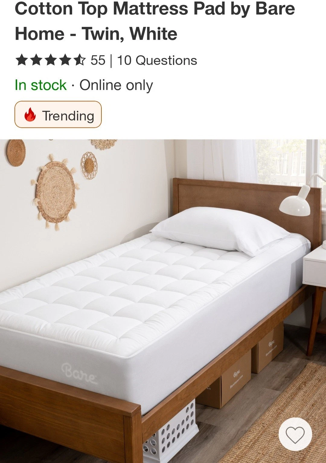 Bare Home Twin Cotton Mattress Pad Deep Pockets