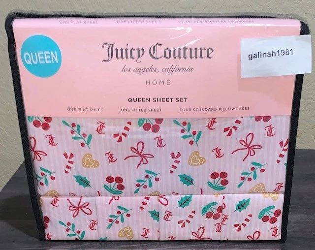 Juicy Couture QUEEN Christmas Sheet Set Candy Cane,Bows,Gingerbread Hearts,Berry - Image 3 of 4