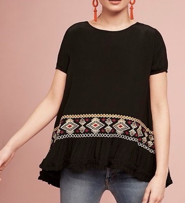 Anthropologie Eri + Ali Misha Black Embroidered Swing Shirt Size XS Boho Flowy