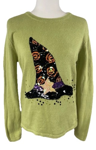 Peek A Boo Halloween Sequin Witches Hat Lime Green Pullover Sweater Women’s SM