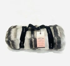 NEW With Tags West Elm Faux Fur Ombre Throw 47" X 60" in Gray Offset Stripe