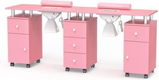 Rolling Double Manicure Table with Dust Collector Drawers, Nail Table Station