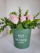 Pink Roses Botanical Bucket Floral Arrangement Spring Summer Table Centerpiece 